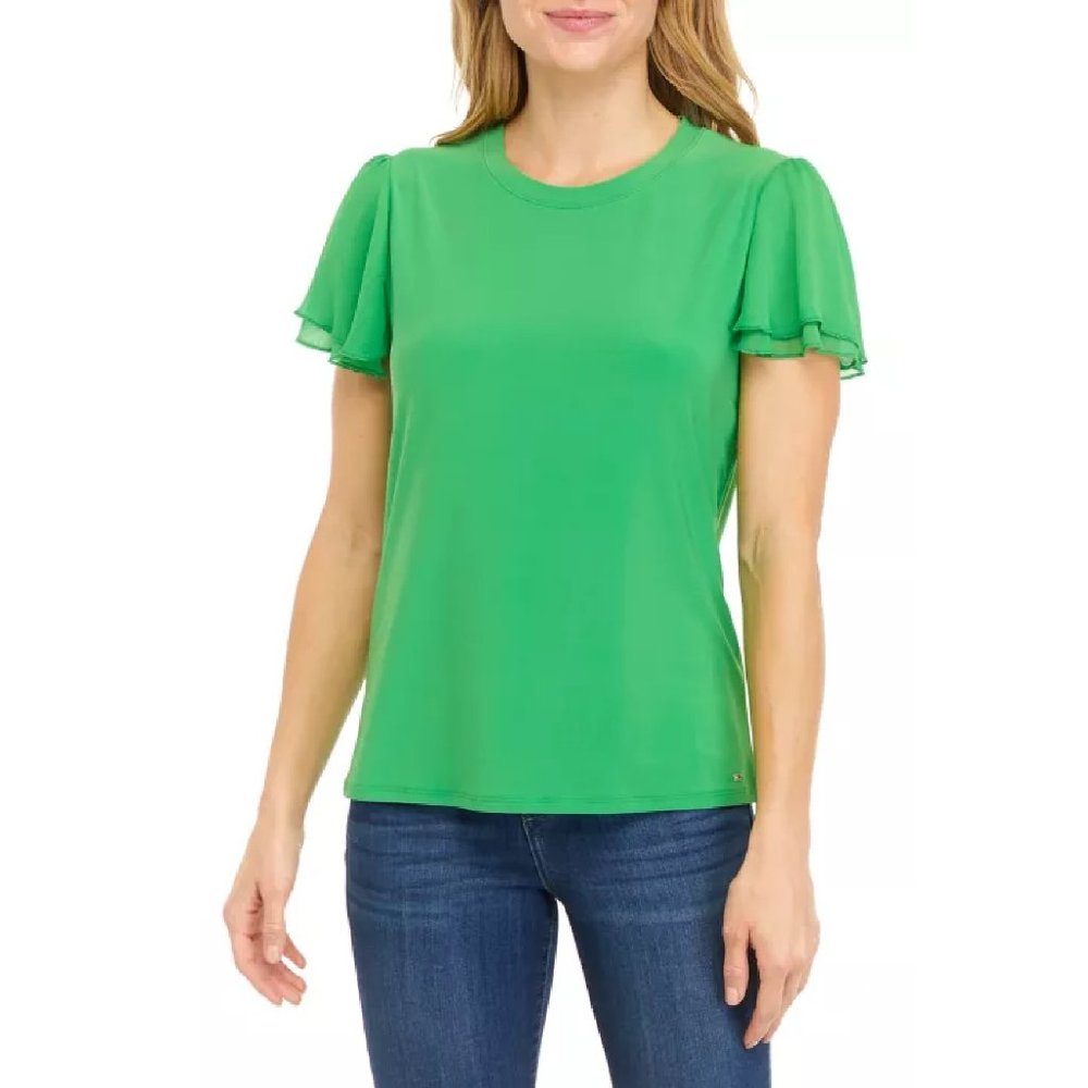 NWOT Tommy Hilfiger Women's Flutter Sleeve Mixed Media Top - LEAF GREEN Size XL